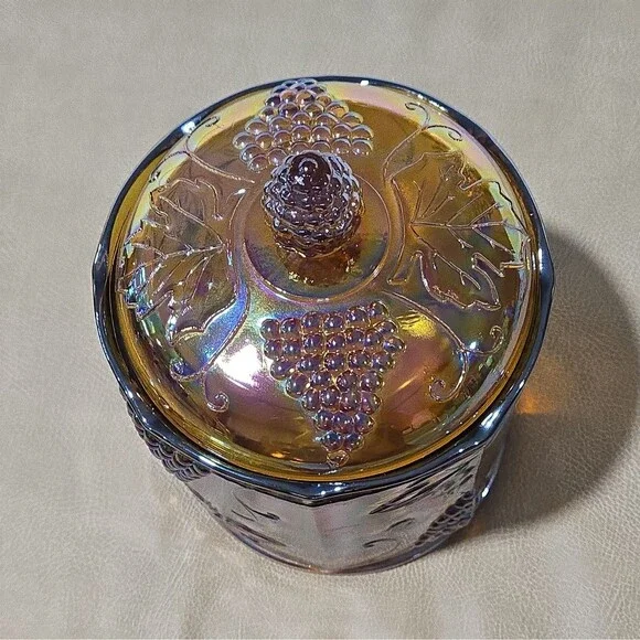 Indiana Glass Amber Marigold Carnival Glass Canister Jar & Lid Harvest Grape - Picture 2 of 10